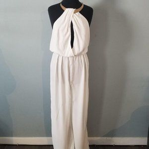White Jumpsuit with gold necklace neckline